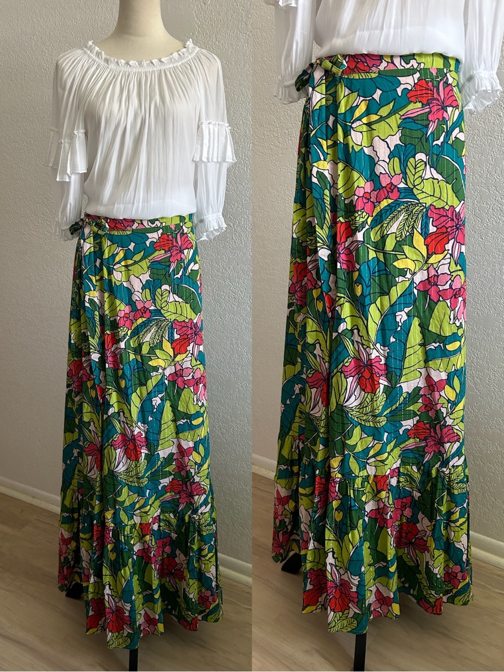 Tori Richard Colorful Tropical Fantasy Isle Annemarie Wrap Cotton Maxi Skirt